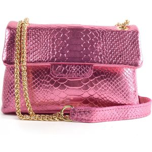 Leren Metallic Snakeprint schoudertas - Roze - Made in Italy