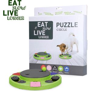 Eat Slow Live Longer Puzzel Circle – 27x27x5 cm - Intelligentie speelgoed voor honden – Interactief hondenspeelgoed – Hondenpuzzel – Gerecyclede materialen – Te vullen met snacks – Groen