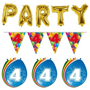 Folat - Verjaardag feestversiering 4 jaar PARTY letters en 16x ballonnen met 2x plastic vlaggetjes