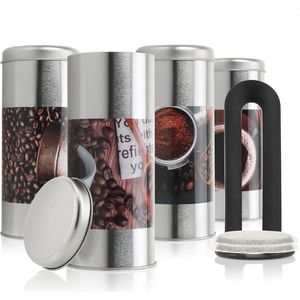 4x koffiepadbox en 1x padlifter - metalen blikje voor koffiepads - decoratief blikje met deksel in vintage design - opbergbakje voor koffie, thee, koekjes (5-delige set - wit/paars/zwart)