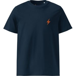 Lightning Symbool - Bitcoin T-shirt - Oranje Geborduurd - Unisex - 100% Biologisch Katoen - Kleur Marine Blauw - Maat 2XL | Bitcoin cadeau| Crypto cadeau|Bitcoin T-shirt| Crypto T-shirt| Bitcoin Shirt|Bitcoin Merchandise|Crypto Merch| Bitcoin Kleding