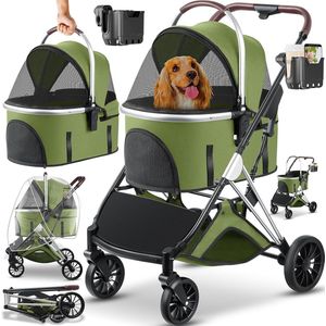 dierenbuggy - khaki/zilver - hondenwagen 3in1 - hondenbuggy - hondenbox transporttas -360 graden grote wielen- - vouwbaar - huisdieren - buggy met netvensters en regenbescherming - jogger - kattenbuggy - voor kleine honden katten