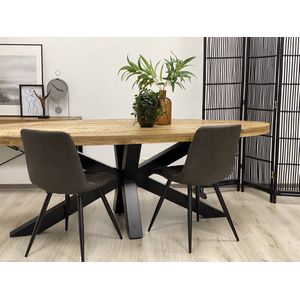 Eethoek mangohout ovaal eettafel 220cm met 6 stoelen Ivoor