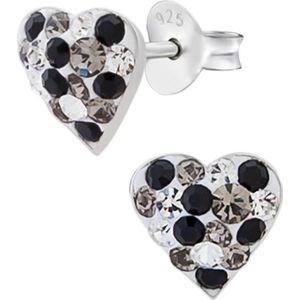 Oorbellen meisje | Zilveren kinderoorbellen | Zilveren oorstekers, hartje met zwart, wit en grijze kristallen