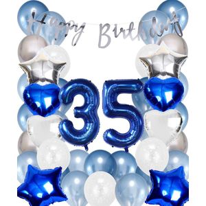 Snoes Ballonnen 35 Jaar Set Mega Blauw Zilver Ballon - Compleet Feestpakket Cijferballon 35 Jaar - Verjaardag Versiering Slinger Happy Birthday – Folieballon – Latex Ballonnen - Helium Ballonnen