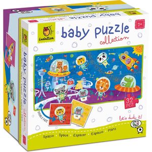 Ludattica DUDÙ Puzzels: BABY PUZZEL RUIMTE, 18x18x10cm, 8 dubbelzijdige puzzels van 4 stukjes (16x16cm) vormen op de achterkant een puzzel van 32 stukjes, 2+