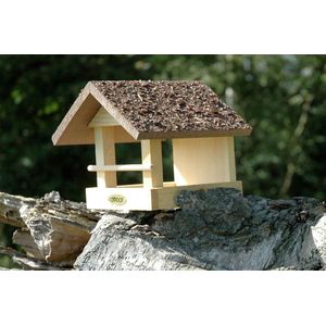 klassiek vogelvoederhuis, schorsdak, massief hout, kleine vogelvilla om op te hangen aan muur of boom, vogelvoederstation met voedertablet, 20 x 22,5 x 18 cm, bruin
