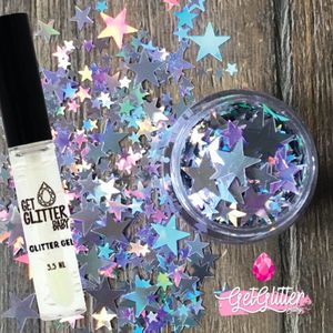 GetGlitterBaby® Chunky Festival Glitters Sterretjes voor Lichaam en Gezicht / Face Body Jewels Glitterlijm / Gel Glittergel - Zilver - en Glitter Lijm HuidLijm