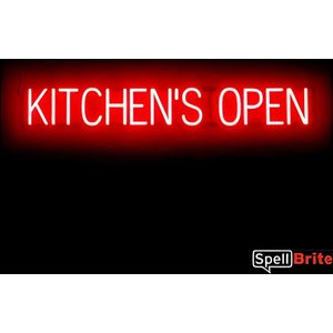 KITCHEN'S OPEN - Lichtreclame Neon LED bord verlicht | SpellBrite | 118 x 16 cm | 6 Dimstanden - 8 Lichtanimaties | Reclamebord neon verlichting