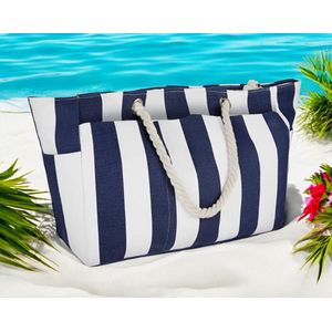Familiebadtas, groot, met ritssluiting, shopper, grote strandtassen voor heren, strandtas, eenvoudige strandtas, blauw en wit strepen