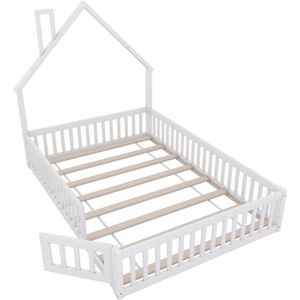 Houten bed, 140 x 200 cm, kinderbed met schoorsteenvorm, bed met lattenbodem (zonder matras), grenenhout, minimalistische stijl, wit
