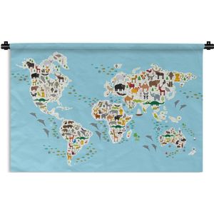 Wandkleed Eigen Wereldkaarten - Wereldkaart met dieren voor kinderen Wandkleed katoen 60x40 cm - Wandtapijt met foto