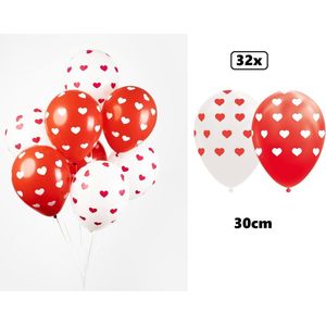 32x Ballonnen hartjes rood/wit 30cm - Huwelijk liefde love thema feest festival hart