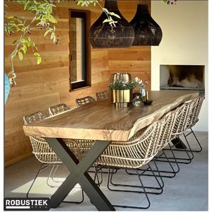 Suar Boomstam Tuintafel 220 x 90-100 - Stalen X Poten + Eettafel Boomstam- Buitentafel -6-8 Massief Hout