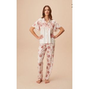 Suwen- Dames Pyjama Set -Homewear -Satijn- Korte Mouwen Ecru Maat S