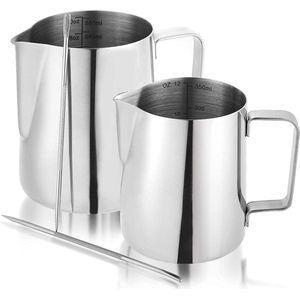 2 stuks melkkannetjes, 350 en 600 ml, roestvrij staal, melkopschuimkannetje, melkopschuimer, kan, beker met meetmarkeringen en latte art pen voor Barista cappuccino espresso