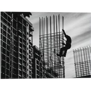 WallClassics - Vlag - Man op constructie - Zwart Wit - 40x30 cm Foto op Polyester Vlag