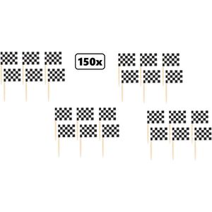 150x Cocktailprikker race zwart/wit geblokt - Finish thema feest festival race formule 1 party prikkers