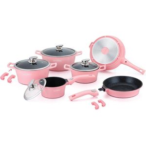 14 delige pannenset - Roze - Nieuw Model 2021 Geschikt voor Alle Warmtebronnen! roze! afneembare handgreep - Marmeren interieur- pannen set