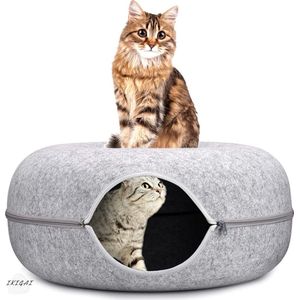 IKIGAI™ - Kattentunnel en kattenmand in-1 – Kattenspeelgoed Speeltunnel Kattenhuis – Kattenhol Rond Kattenspeeltjes - Cat Cave Donut - Licht Grijs Vilt