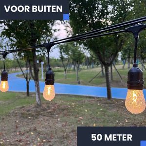 FONKEL® Arena Kristal LED Lichtsnoer Buiten met 50 Lampjes E27 Warm Wit 2700k - Prikkabel 50 meter Buitenverlichting – Lampjes Slinger IP65 - Koppelbare Feestverlichting - Kerstverlichting