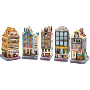 Huisjes - Set van 5 - Amsterdam - hoogte 13 cm - Grachtenpand - souvenirs Nederland - Van Gogh - Klompen - Hollandse cadeautjes - Amsterdam souvenir