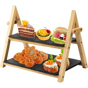 Serveerstandaard 2 Niveaus Leisteen - Opvouwbaar Taartplateau - Afternoon Tea Desserts Cakes Sushi - Antipasti Staan - 32cm x 41cm