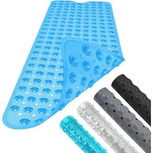 Antislipbadmat, 100 x 40 cm, extra lange douchemat met zuignappen, machinewasbare badmat, onderhoudsarme antislipmat met afvoergaten (transparant blauw)