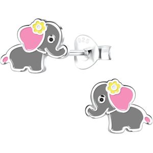 Joy|S - Zilveren olifant oorbellen - baby olifantje met roze oren en geel bloemetje - kinderoorbellen