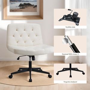 Home Office Chair, Armless Mid-Back bureaustoel met kruispoten, dik kussen dressoir stoel, in hoogte verstelbare bureaustoel, woonkamer stoel met stille wielen (Beige)
