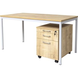 Furni24 Bureau 200X80X75 cm, homeoffice, bureautafel in saffier eiken/grijs incl. houten rolblok met 3 laden in saffier eiken