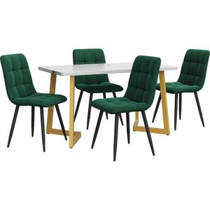 Rechthoekige eettafel met 4 stoelen set Donkergroen Fluweel Eetkamerstoel Keukentafel set Gouden tafelpoten