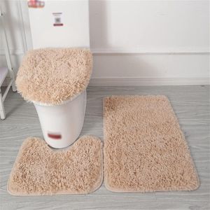 Badmatset 3-delig, antislip shaggy badmat, pluizig contour badtapijt, langpolig toiletbrilovertrek kaki