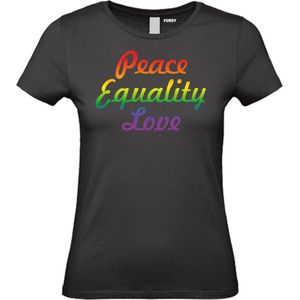 Dames T-shirt Peace Equality Love | Gay pride shirt kleding | Regenboog kleuren | LGBTQ | Zwart dames | maat M