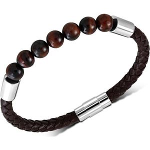 Amanto Armband Feiko A - Leer - Tijger Oog Kraal - Magnetisch - 8mm - 22cm