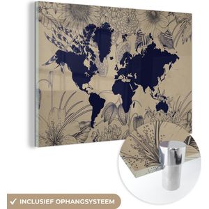 MuchoWow® Glasschilderij 30x20 cm - Schilderij glas - Wereldkaart - Bloemen - Blauw - Foto op acrylglas - Schilderijen