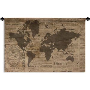 Wandkleed - Wanddoek - Wereldkaart - Retro - Krant - 120x80 cm - Wandtapijt