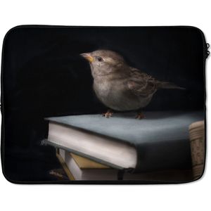Laptophoes 15.6 inch - Vogel - Boeken - Portret - Laptop sleeve - Binnenmaat 39,5x29,5 cm - Zwarte achterkant