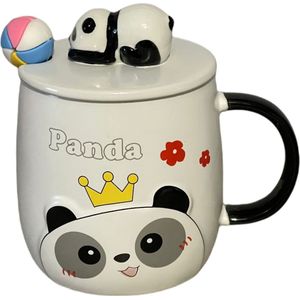 Koffie Thee Mok Met Keramiek Deksel En Lepel-Drinkbeker Bedrukt Met Panda-Wit Dimensionalcartoon Panda