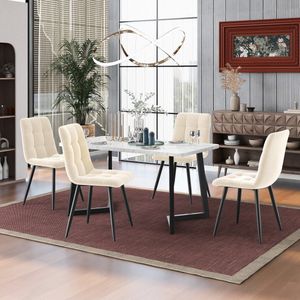 Sweiko 117cm eettafel met 4-stoelen set, rechthoekige eettafel moderne keuken tafel set, eetkamer stoel Beige fluweel keuken stoel, zwarte tafelpoten