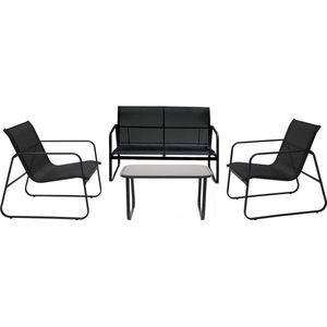 Infinity Goods Tuinset - Loungeset - Tuinmeubelen - Tuinbank - Tuinstoelen - Tuintafel - Glazen blad - 4 Persoons - Zwart/Antraciet