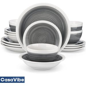 CasaVibe Luxe Serviesset – 16 delig – 4 persoons – Porselein - Bordenset – Dinner platen – Dessertborden - Kommen - Mokken - Set - Grijs - Wit - Ori