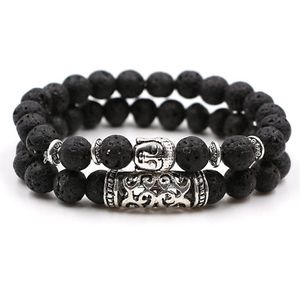 Kralen armband buddha dames heren - Set van 2 - Natuursteen kralen armband - 8mm rond - Zilveren Buddha - Elastisch - Cadeau voor hem of haar - Kralenarmband Zwart (vulkanisch)