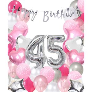Snoes Ballonnen 45 Jaar Pink Blush Silver Mega Ballon - Compleet Feestpakket 45 Jaar - Verjaardag Versiering Slinger Happy Birthday – Folieballon – Latex Ballonnen - Helium Ballonnen - Zilver en Roze Verjaardag Decoratie