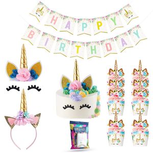 Fissaly 53 Stuks Gouden Eenhoorn Verjaardag Decoratie Versiering – Taarttopper - Unicorn – Kinderfeest – feest