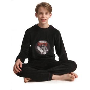 Outfitter velours jongens pyjama - Warm Space - Warme winter kinder pyjama - 152 - Zwart