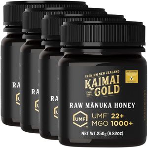 Kaimai Gold MGO 1000+ / UMF 22+ Manuka Honing * 1000g (= 4x 250g) Premium Monoflorale UMF® Gecertificeerde ManukaHoning uit Nieuw-Zeeland # T.h.t. 01-10-2029 # MGO 800 820 = UMF 19, 829 830 850 = UMF 20, 1122 = UMF 24, 1200 = UMF 25