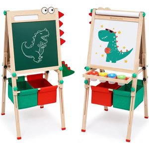 Kinderspeelbord van hout, kinderbord van hout met papieren rol, dubbelzijdig whiteboard en schoolbord, schildersezel met cijfers en andere accessoires voor kinderen en peuters