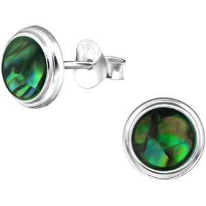 Joy|S - Zilveren ronde oorbellen - 8 mm - groen - abalone - oorknoppen