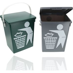 Prullenbak met deksel & handgreep | set van 2 - aanrecht afvalbakken - 4.5 liter elk | mini prullenbak voor keuken, huishouden & kantoor | 14x19x23cm | groen & grijs